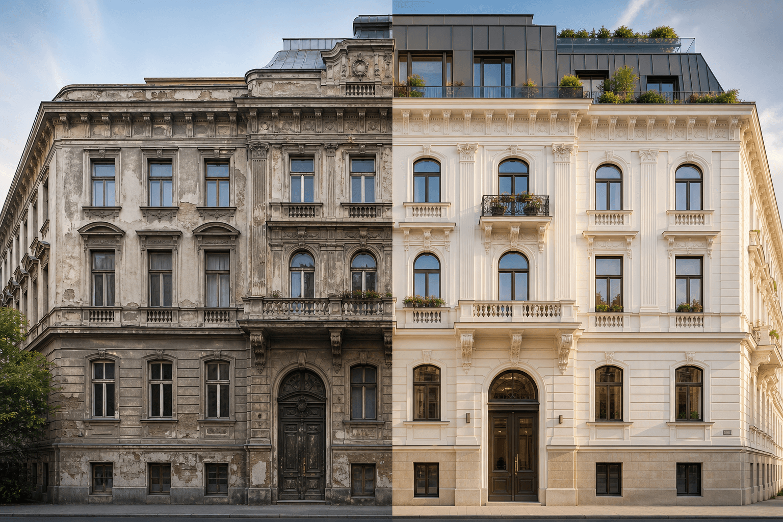 Vorher-Nachher-Aufnahme einer Wiener Gründerzeit-Revitalisierung — links Bestand, rechts restauriert mit modernem Penthouse