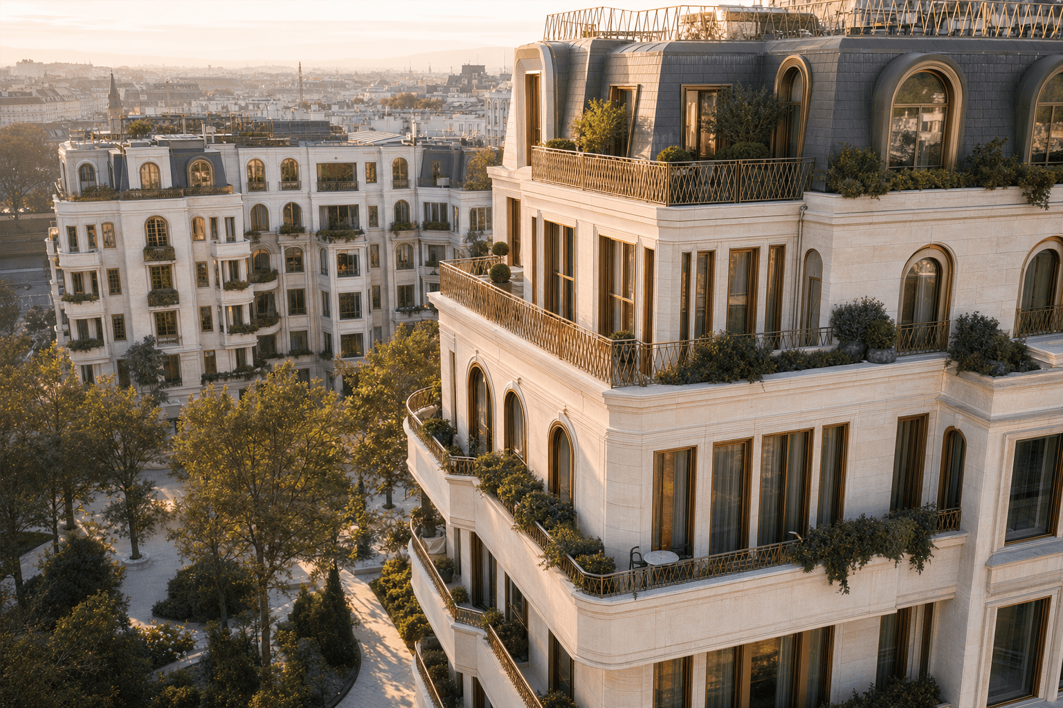 DEZET GRUPPE HOLDING — Luxuriöse Wohnhausanlage in Wien mit Naturstein-Fassade, Bronze-Balkonen und Dachterrassen