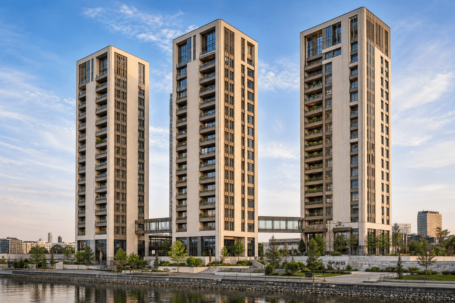 Investmentbeteiligung Donaucity Wien — drei moderne Hochhaustürme mit Natursteinverkleidung und Bronze-Akzenten