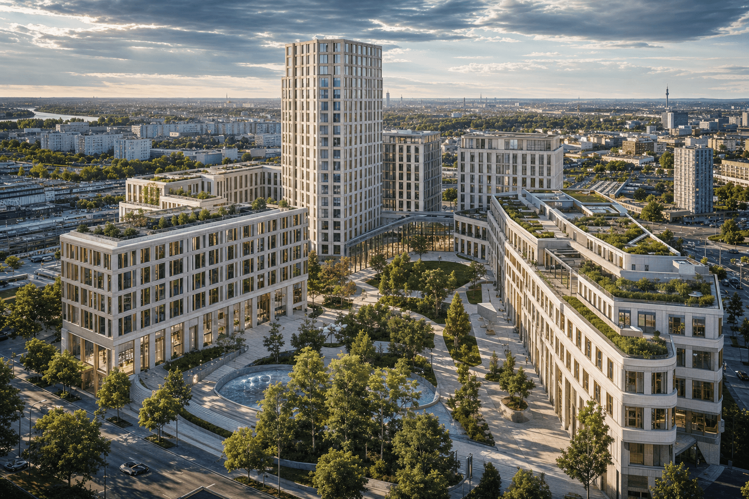 Mixed-Use Quartier Donau — Wohnhochhaus, Hotel und Retail in 1220 Wien, ivory Steinfassaden und Bronze-Details