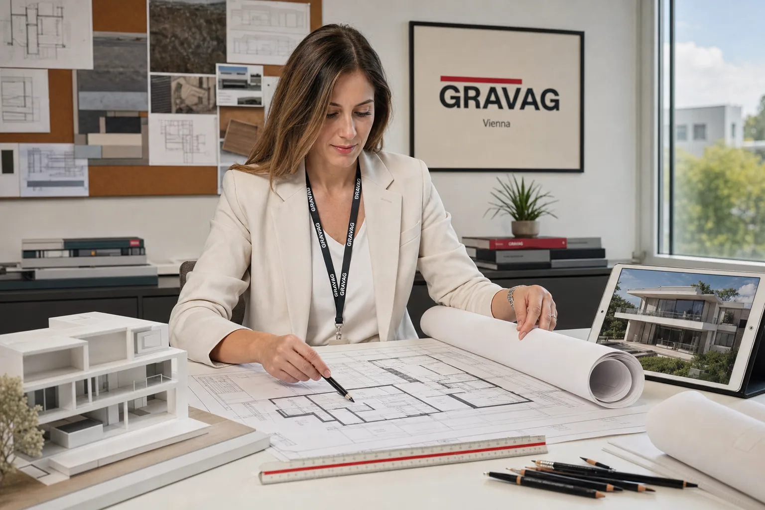 GRAVAG BAU Architektin im Büro mit Hausplänen